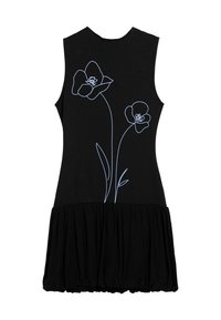 Rochie neagră fără mâneci, cu un imprimeu floral de culoare bleu deschis pe partea din față, având un detaliu de fustă plisată în partea de jos.