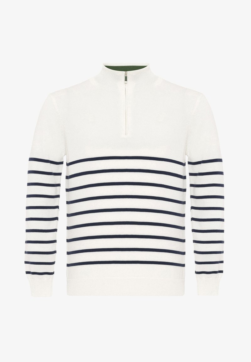 Suéter de punto rayado en blanco con rayas horizontales en azul marino. Presenta un cuello con media cremallera, y ribetes en el cuello, los puños y el dobladillo. Textura suave.