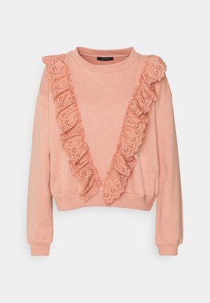 Lyserød sweatshirt med lange ærmer med øjlet blondeflæser, der danner en V-form foran, ribbede manchetter og kant, rund halsudskæring.