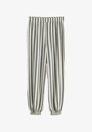 Weiße Hose mit vertikalen schwarzen und grauen geometrischen Streifen, elastischem Bund und gesammelten elastischen Bündchen an den Knöcheln.