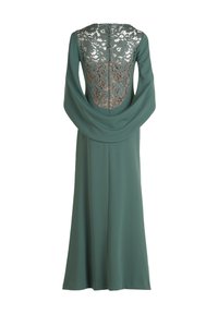 Langes grünes Kleid mit einem Spitzenrücken im Blumenmuster, langen Ärmeln und einer glatten Textur, das einen lockeren Sitz bietet.