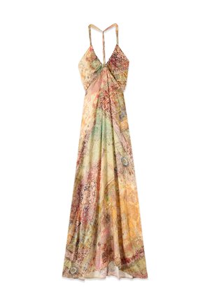 Abito senza maniche lungo fino a terra con motivo floreale astratto multicolore e spalline sottili annodate sul retro.