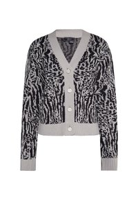 Strikket cardigan med et sort og gråt abstrakt mønster, V-hals, fem knapper samt ribbede manchetter og kant. Letvægts stoffets tekstur.