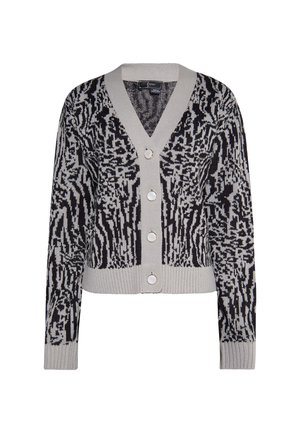 Strickjacke mit einem schwarz-grauen abstrakten Muster, V-Ausschnitt, fünf Knöpfen sowie gerippten Bündchen und Saum. Leichte Stofftextur.