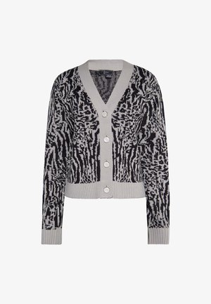 Strickjacke mit einem schwarz-grauen abstrakten Muster, V-Ausschnitt, fünf Knöpfen sowie gerippten Bündchen und Saum. Leichte Stofftextur.