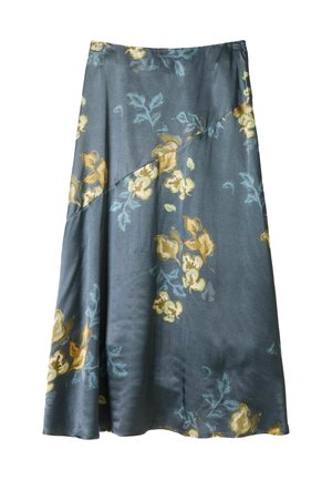 Blumigen Rock aus dunkelblauem Stoff mit gelben und aquafarbenen Blumen, diagonalen Designelementen und einer fließenden Silhouette.