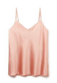 Ljusrosa satin camisole med tunna justerbara band och V-ringning. Slät textur och subtil glans; sidoflikar vid fållen.