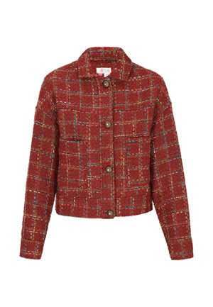 Giacca in tweed rosso con motivo a quadri, dotata di colletto, maniche lunghe, due tasche frontali e chiusure decorative con bottoni.