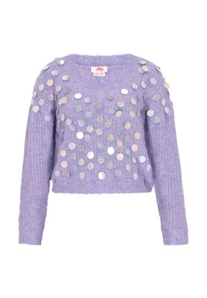 Levendula színű kötött pulóver V-nyakkal és hosszú ujjakkal, a elején ívelt, irizáló, kör alakú flitterekkel díszítve. Rövidített fazon.