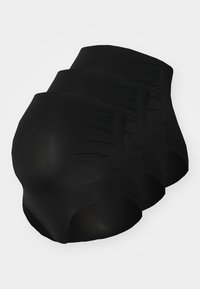 Zwarte high-waisted shapewear panties, gemaakt van rekbare stof, met een gladde textuur en elastische tailleband. Drie stuks inbegrepen.