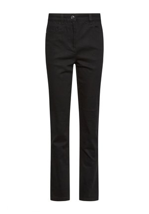 Black straight-leg trousers with front button, zipper closure, belt loops, and front and back pockets.