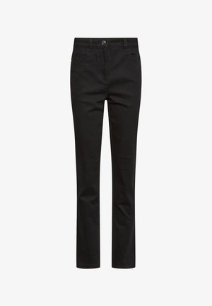 Pantaloni neri a gamba dritta con bottone frontale, chiusura con cerniera, passanti per cintura e tasche anteriori e posteriori.