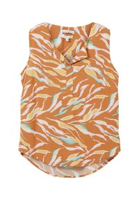 Sleeveless orange blouse with abstract white, yellow, and teal brushstroke pattern and a V-neck collar.