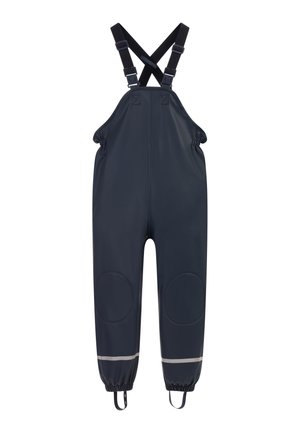 Marine vandtæt overalls lavet af glat materiale med justerbare stropper, elastiske manchetter og reflekterende striber i bunden.