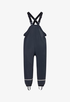 Námořnický voděodolný overal vyrobený z hladkého materiálu s nastavitelnými ramenními popruhy, elastickými manžetami a reflexními pruhy na spodním okraji.