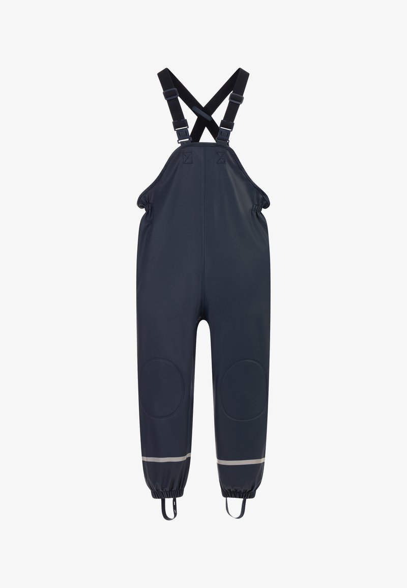 Námorný nepremokavý overall vyrobený z hladkého materiálu s nastaviteľnými ramennými popruhmi, elastickými manžetami a reflexnými pruhmi na spodnej časti.