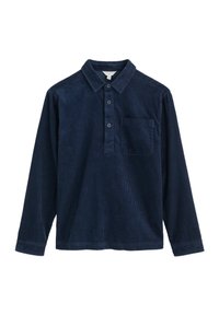 Temno modra kordna srajca dolgih rokavov s ovratnikom, tri gumbe in žepek na prsih. Ponuja reberasto teksturo in ravni rob.