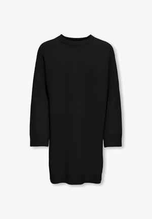 Melna džemperkleita ar garām piedurknēm, ribota apkakle un aproces; vaļīgs piegriezums un garums līdz vidukļa augstumam. Gluda, mīksta tekstūra.