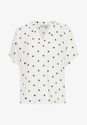 Haut blanc à manches courtes avec un col en V, présentant un motif à pois noirs. Fabriqué dans un tissu léger avec une coupe décontractée.