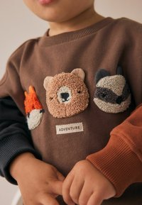 Bambino che indossa un maglione marrone con tre volti di animali in rilievo (volpe, orso, procione) e una toppa con la scritta "AVVENTURA."