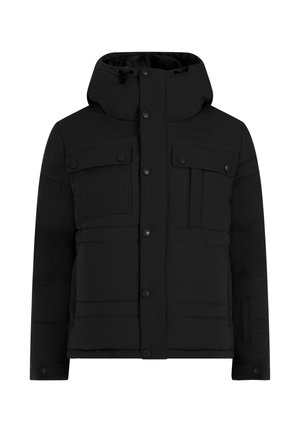 Juodas paminkštintas paltas su spaudėmis, dviem krūtinės kišenėmis su užklotu, vertikalia užtrauktuko kišene ir reguliuojamu gobtuvu su raišteliais.