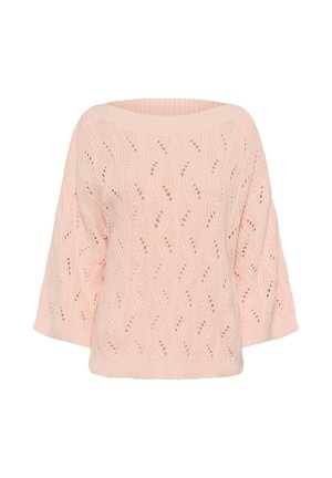 Pull en tricot rose clair avec un motif ajouré en vagues et des manches trois-quarts.
