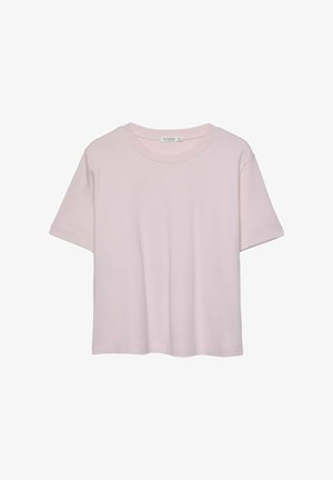 Světle růžové tričko s krátkým rukávem a kulatým výstřihem, vyrobené z měkké látky, s volným střihem a rovním lemem.