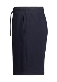 Navy blue cotton shorts with an elastic waistband, adjustable drawstring, side pockets, and a small embroidered logo on the left leg.