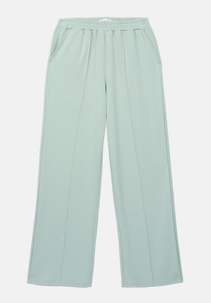 Svetlo mint zelene široke hlače iz mehkega blaga, z elastiko v pasu in dvema stranskima žepoma, z vertikalnimi šivi.