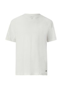 Witte T-shirt met korte mouwen, gemaakt van lichtgewicht stof; heeft een ronde halslijn en een klein merkembleem aan de onderzijde links.