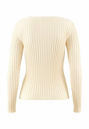 Krémový žebrovaný svetr s dlouhým rukávem, přiléhavého střihu, s kulatým výstřihem a hladkou texturou. Látka má úzké vertikální pruhy.