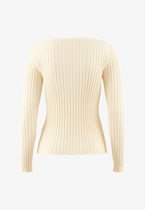Maglione a maniche lunghe a costine crema con una forma aderente, scollatura tonda e una texture liscia. Il tessuto presenta sottili righe verticali.