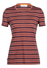 Striped t-shirt in rust and navy blue, featuring a round neck, short sleeves, and a soft, lightweight fabric with a fitted design.