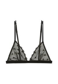 Black lace triangle bralette with scalloped edges, featuring sheer mesh fabric and polka dot pattern. Thin adjustable straps and a solid band.