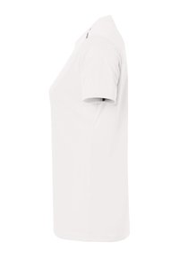 T-shirt bianca a maniche corte realizzata in tessuto misto cotone, taglio dritto, scollo rotondo, con un piccolo logo nero sulla spalla.