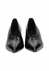 Black patent leather pointy-toed shoes with a low cut design, featuring a smooth texture and minimalistic interior detailing.