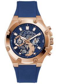 Blaues Gummiband-Uhr mit Roségold-Akzenten, ausgestattet mit einem strukturierten blauen Zifferblatt, drei Teilzifferblättern und einem kantigen Gehäusedesign.