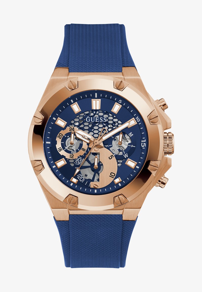 Blaues Gummiband-Uhr mit Roségold-Akzenten, ausgestattet mit einem strukturierten blauen Zifferblatt, drei Teilzifferblättern und einem kantigen Gehäusedesign.