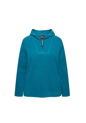 Felpa verde petrolio realizzata in tessuto morbido, con collo a metà zip, maniche lunghe e cuciture a contrasto lungo il collo.