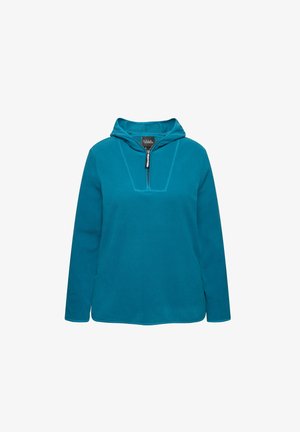 Teal Hoodie aus weichem Stoff, mit einem halben Reißverschlusskragen, langen Ärmeln und kontrastierenden Nähten entlang des Kragens.