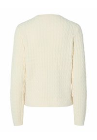 Pull crème en maille torsadée avec manches longues, poignets côtelés et encolure ronde, vu de dos.