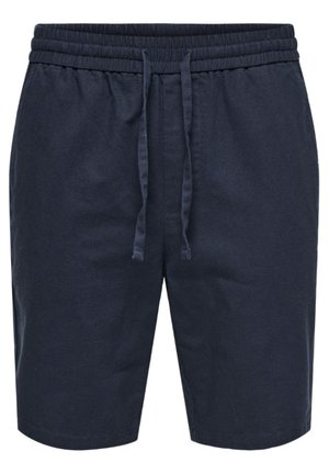 Shorts en lin bleu marine avec une taille élastique et un cordon de serrage. Présente une coupe décontractée et un design sobre sans motifs ni accents.