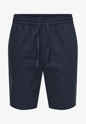 Navy blue linen shorts with an elastic waistband and drawstring. Features a relaxed fit and plain design without patterns or accents.