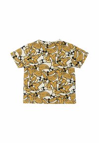 T-shirt med kort ärm i bomull med en krämfärgad bakgrund som har ett upprepande bananmönster i gult och svart konturer.
