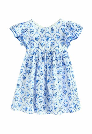 Blaues Blumenkleid aus leichtem Stoff mit kurzen, gerafften Ärmeln, rundem Ausschnitt und tailliertem Bund. Das Muster zeigt kunstvolle blaue Blumen.