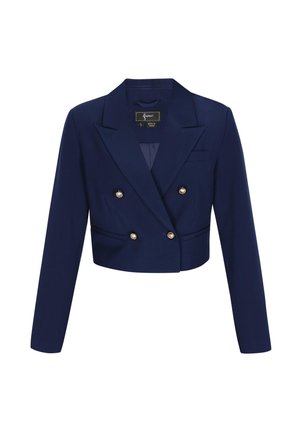 Sötétkék, crop stílusú kétsoros blézer széles hajtókákkal és négy díszítő gyöngygombbal az elején.