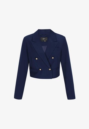 Granatowa, krótka marynarka dwurzędowa z szerokimi klapami i czterema ozdobnymi perłowymi guzikami na przodzie.