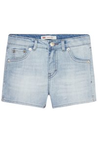 Shorts de mezclilla azul claro con un diseño de cinco bolsillos, cierre de botón y costuras en contraste. Textura suave con un acabado ligeramente desgastado.