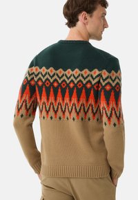 Man wearing beige, dark green, and orange sweater with geometric zigzag and diamond patterns, shown from the back.