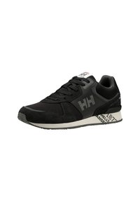 Scarpe sportive nere con tomaia in mesh e suede, caratterizzate da un logo tonale, accenti grigi sul tallone e sulla suola, e una suola con motivo.